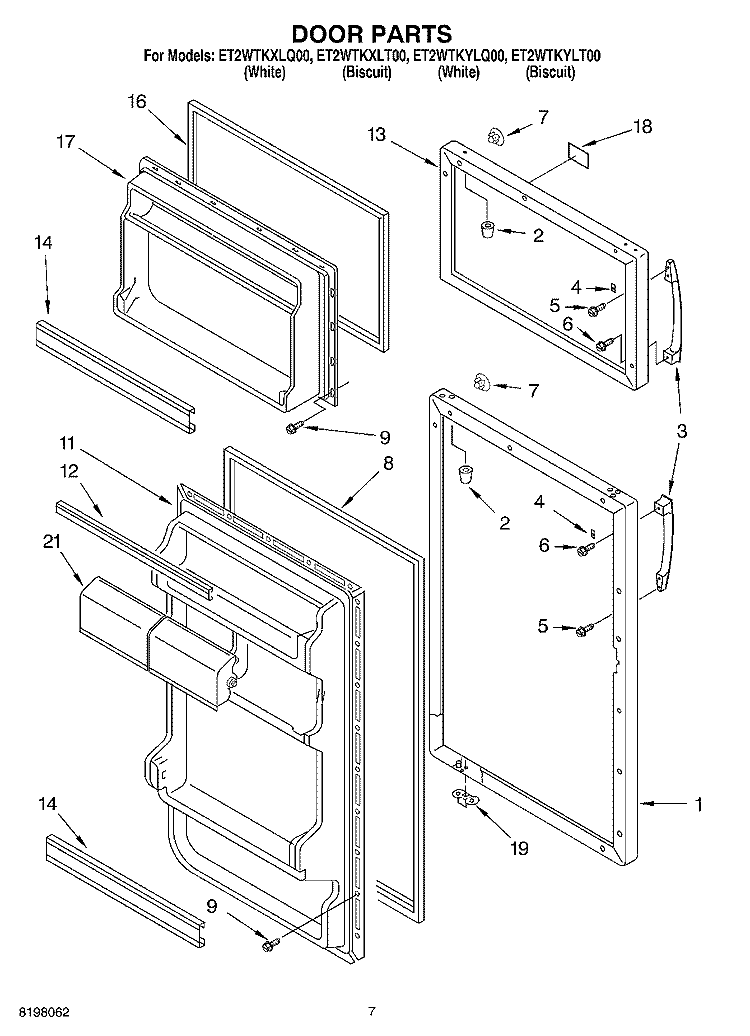 DOOR PARTS Diagram and Parts List for ET2WTKXLQ00  Whirlpool Refrigerator