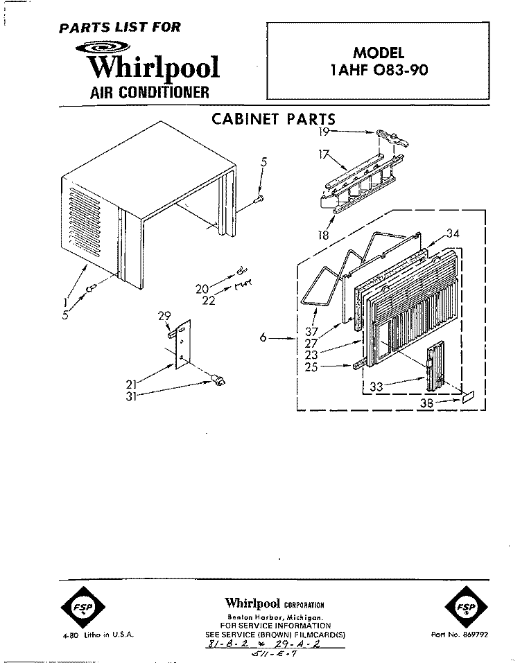 SECTION Diagram and Parts List for 1AHF08390  Whirlpool Air Conditioner