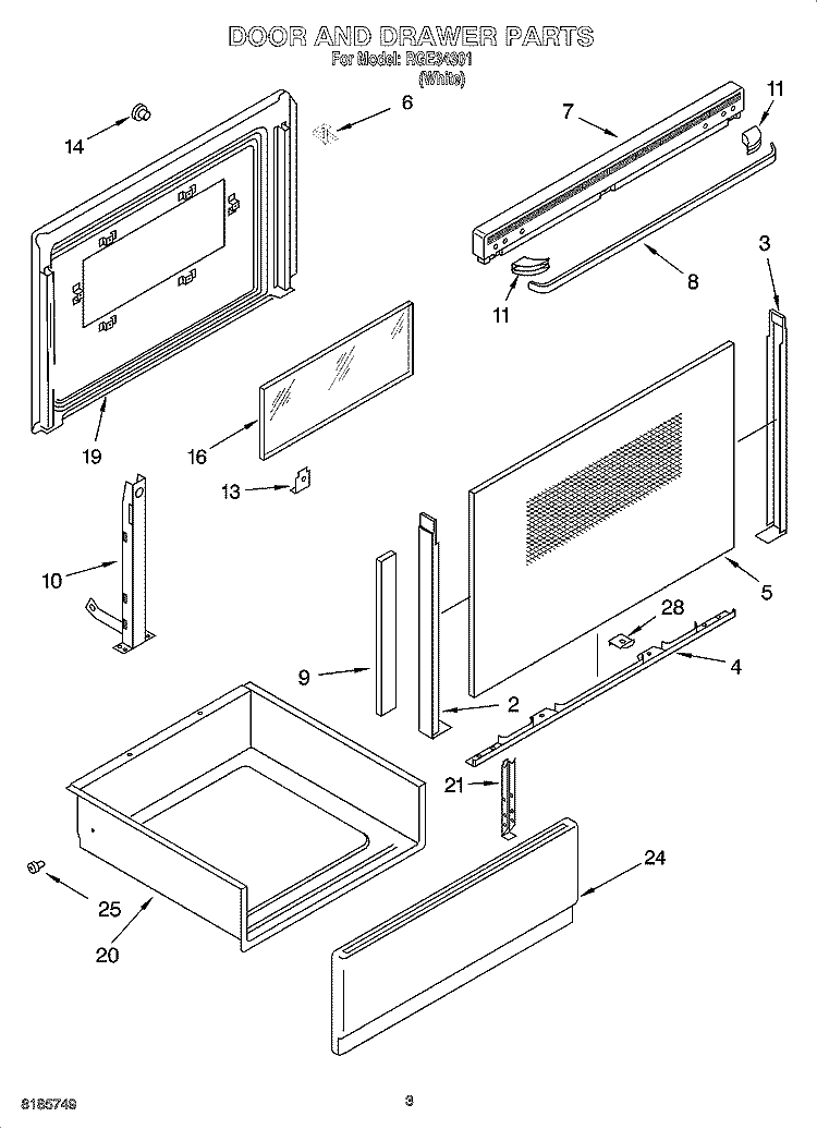 DOOR AND DRAWER PARTS Diagram and Parts List for RGE34301  Roper Range