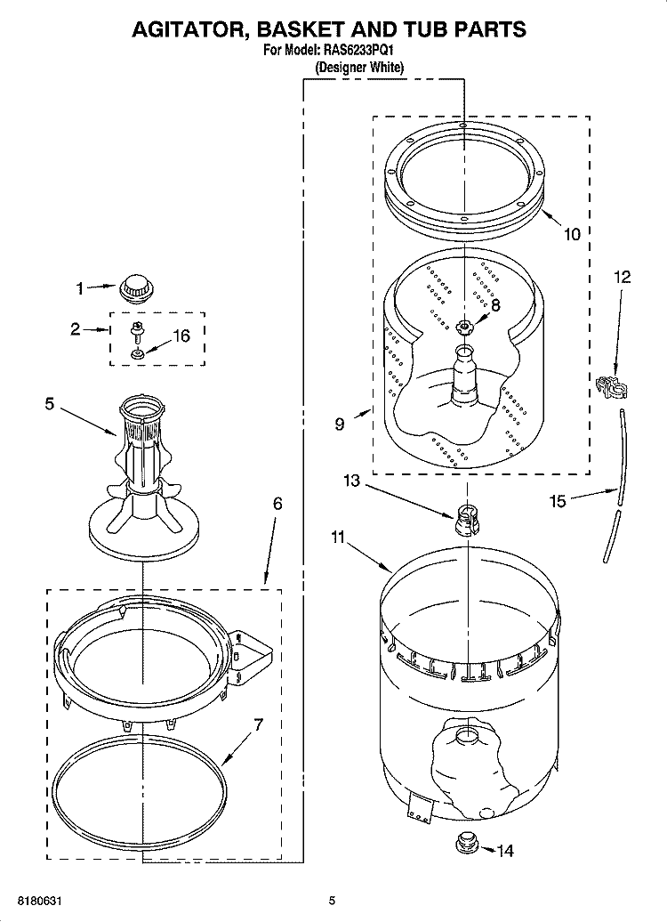 AGITATOR, BASKET AND TUB PARTS Diagram and Parts List for RAS6233PQ1  Roper Washer