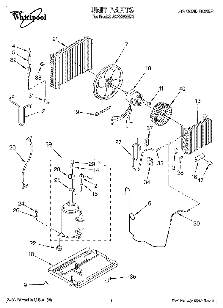 UNIT, LITERATURE Diagram and Parts List for ACQ052XD0  Whirlpool Air Conditioner