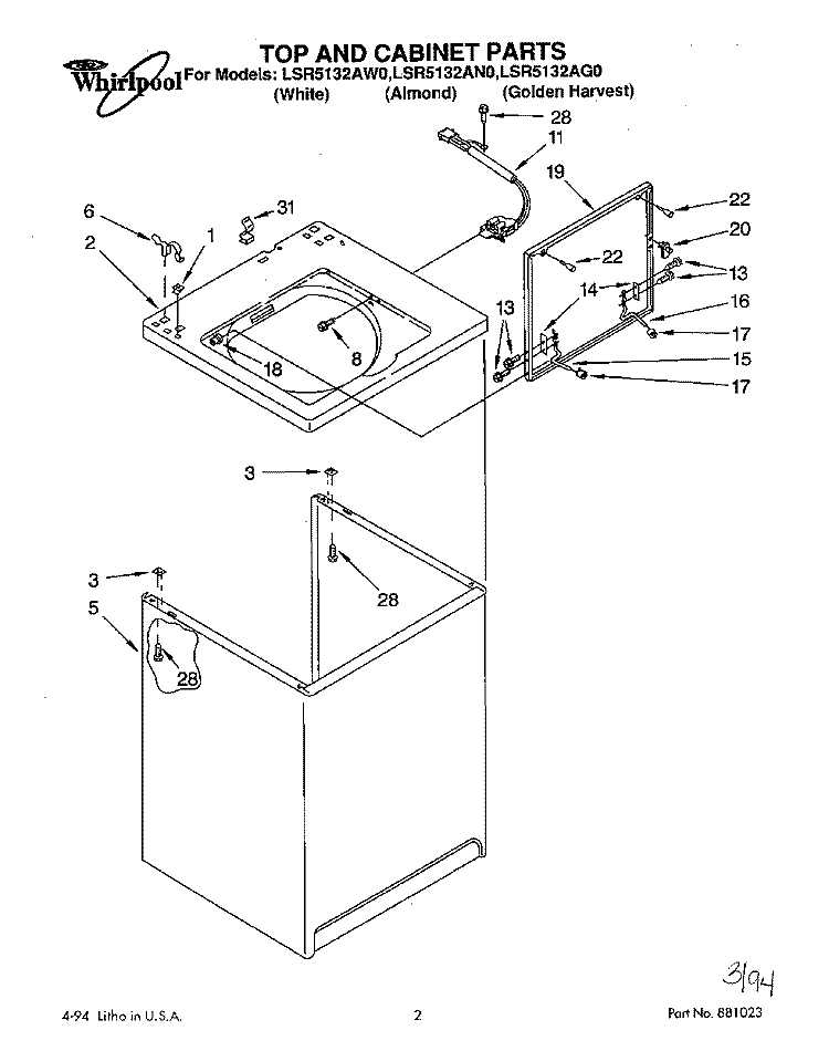 TOP AND CABINET, LIT/OPTIONAL Diagram and Parts List for LSR5132AW0  Whirlpool Washer