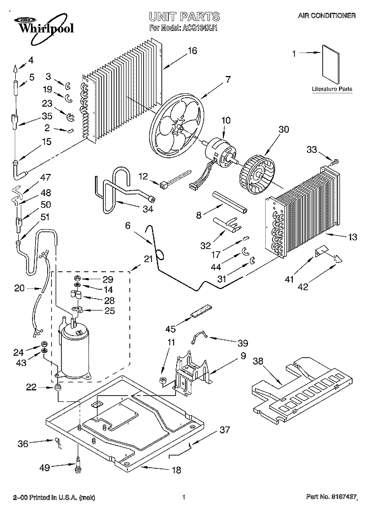 UNIT, LITERATURE Diagram and Parts List for ACQ184XJ1  Whirlpool Air Conditioner
