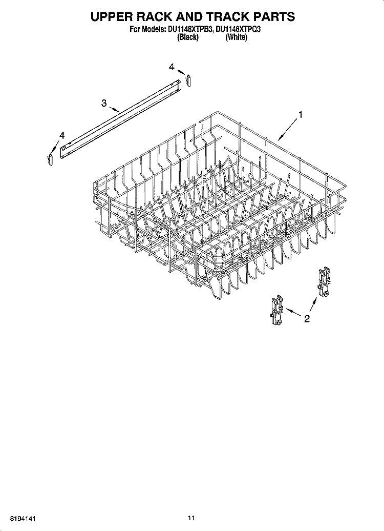 UPPER RACK AND TRACK PARTS Diagram and Parts List for DU1148XTPB3  Whirlpool Dishwasher