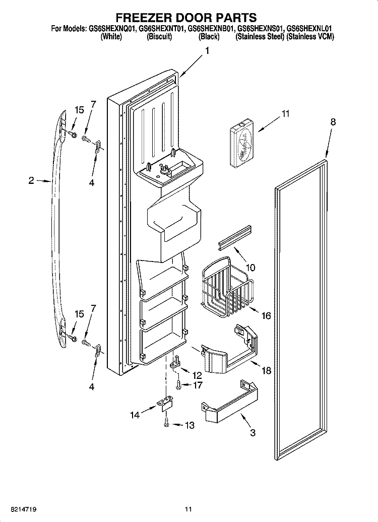 FREEZER DOOR PARTS Diagram and Parts List for GS6SHEXNL01  Whirlpool Refrigerator