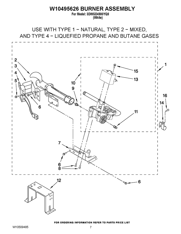 W10495626 BURNER ASSEMBLY Diagram and Parts List for 3DWGD4800YQ0  Whirlpool Dryer