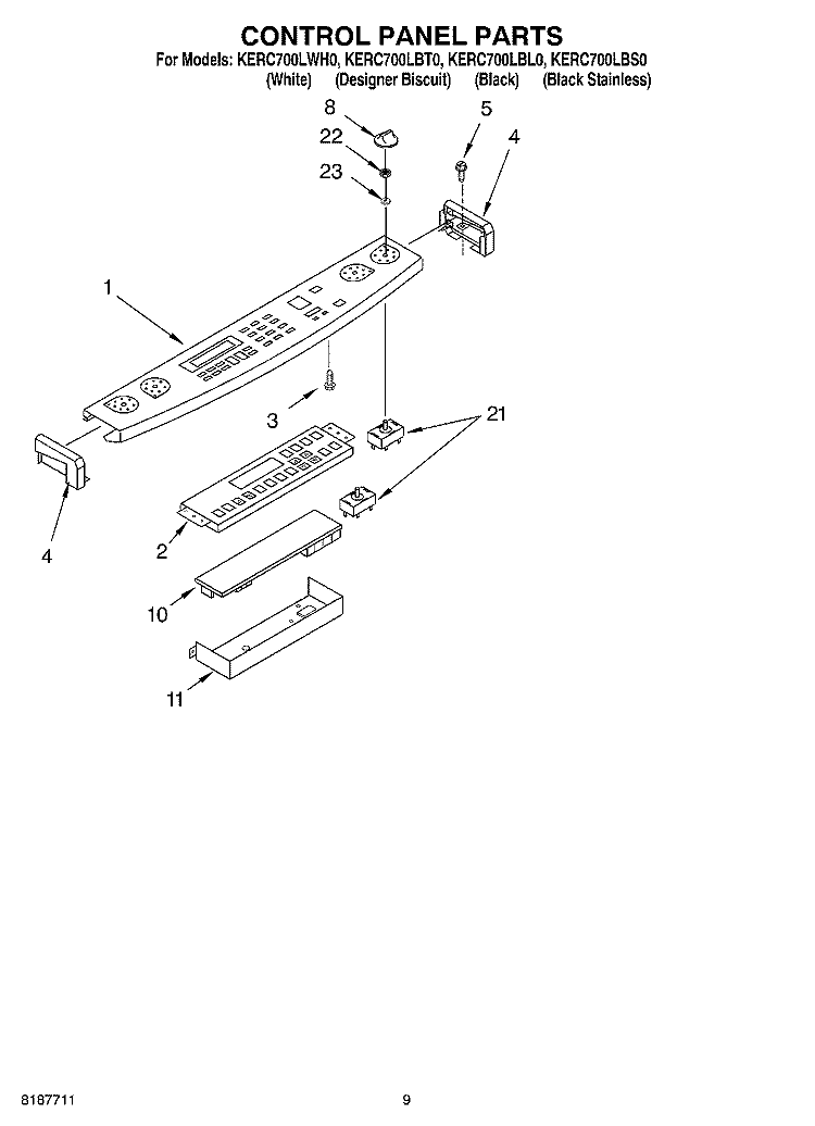 CONTROL PANEL, OPTIONAL Diagram and Parts List for KERC700LBL0  KitchenAid Range