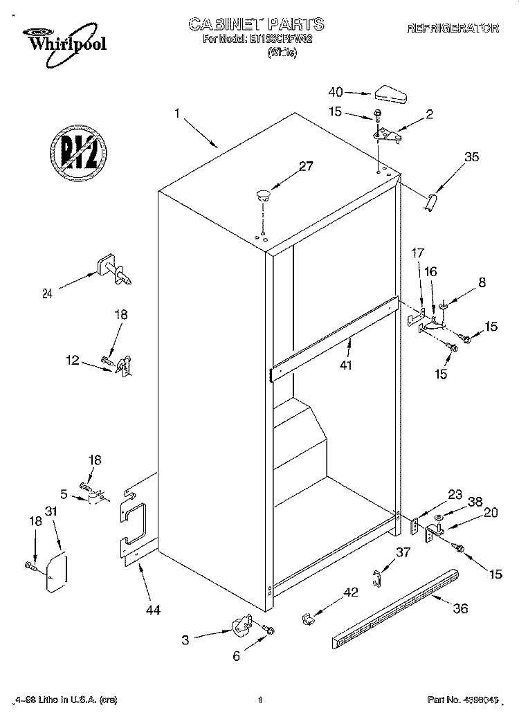 CABINET Diagram and Parts List for ET18SCRFW02  Whirlpool Refrigerator