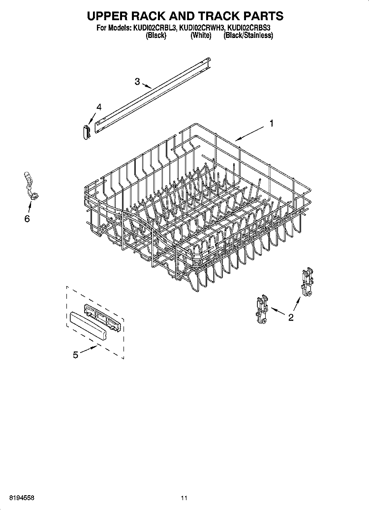 UPPER RACK AND TRACK PARTS Diagram and Parts List for KUDI02CRWH3  KitchenAid Dishwasher