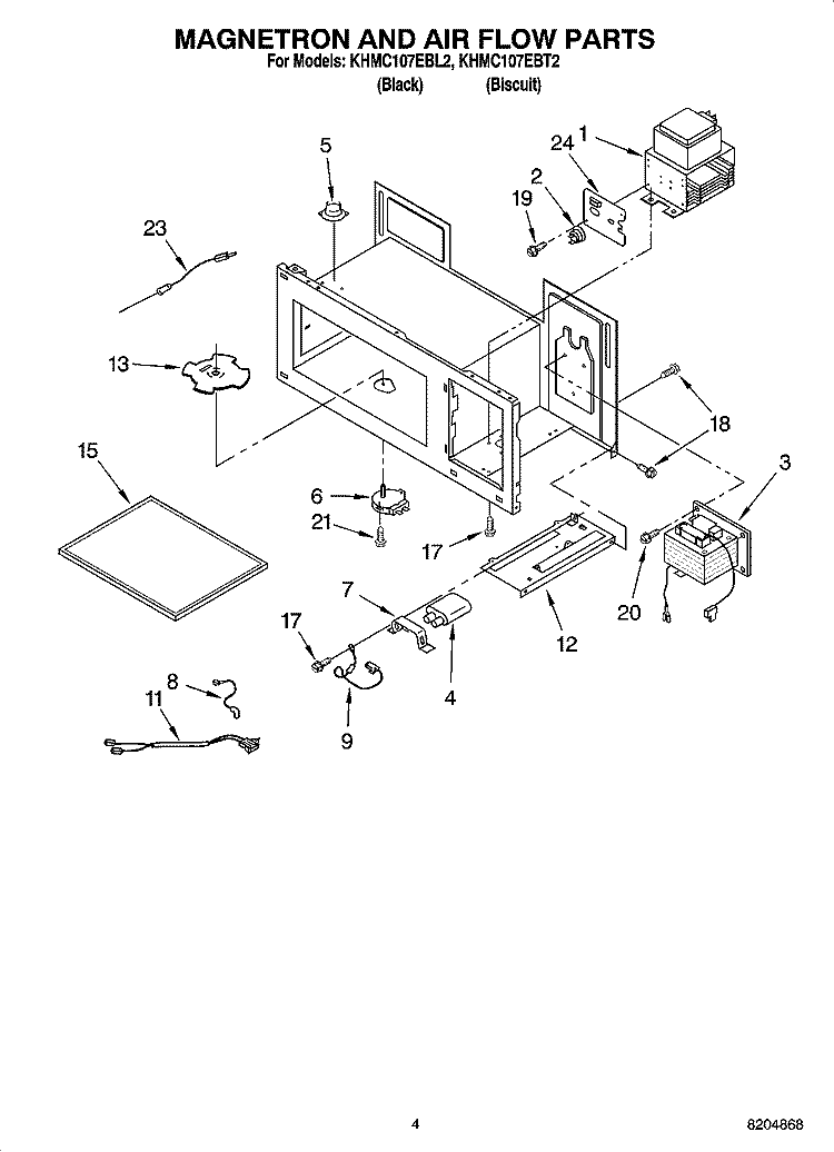MAGNETRON AND AIR FLOW PARTS Diagram and Parts List for KHMC107EBT2  KitchenAid Microwave