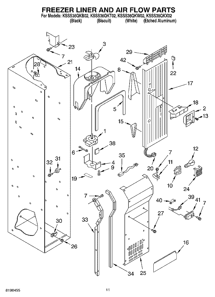 FREEZER LINER AND AIR FLOW PARTS Diagram and Parts List for KSSS36QKB02  KitchenAid Refrigerator