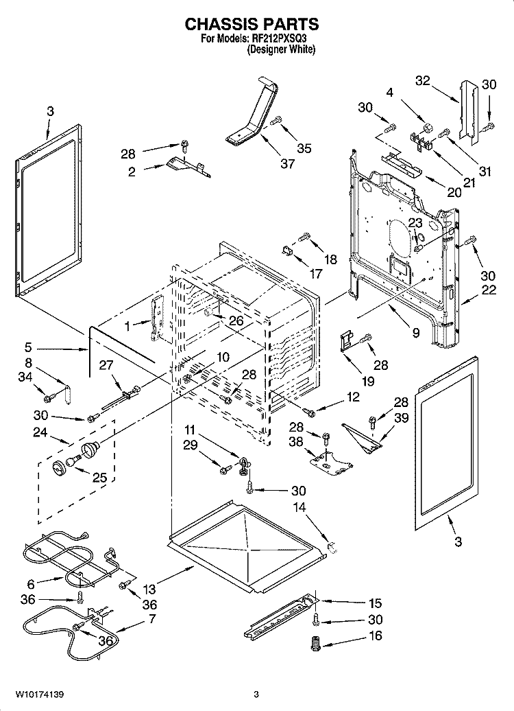 CHASSIS PARTS Diagram and Parts List for RF212PXSQ3  Whirlpool Range