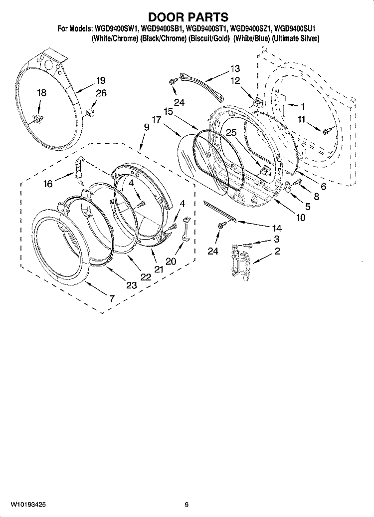 DOOR PARTS, OPTIONAL PARTS (NOT INCLUDED) Diagram and Parts List for WGD9400SB1  Whirlpool Dryer