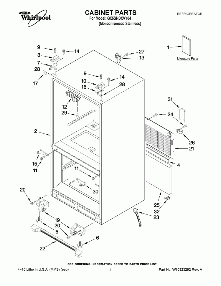 CABINET PARTS Diagram and Parts List for GX5SHDXVY04  Whirlpool Refrigerator