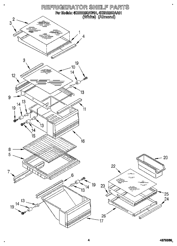 REFRIGERATOR SHELF Diagram and Parts List for 4KSRS25QAW01  KitchenAid Refrigerator