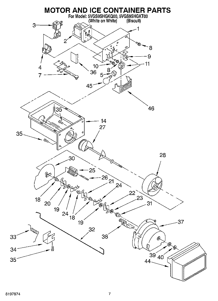 MOTOR AND ICE CONTAINER Diagram and Parts List for 5VGS9SHGKT00  Whirlpool Refrigerator
