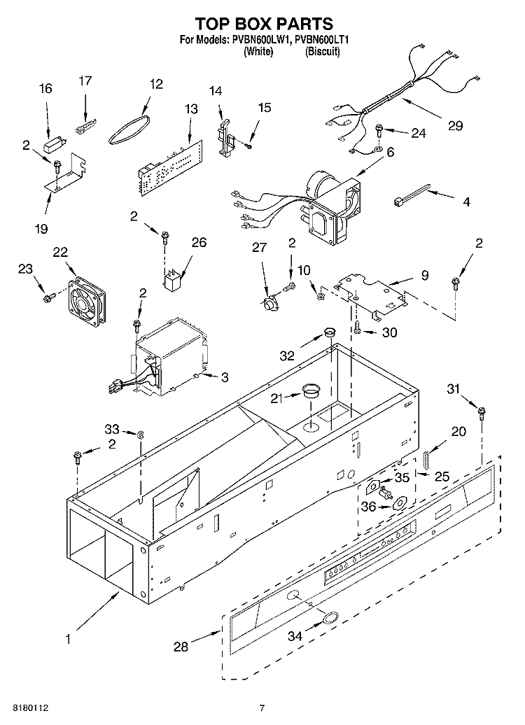 TOP BOX PARTS Diagram and Parts List for PVBN600LW1  Whirlpool Cabinet