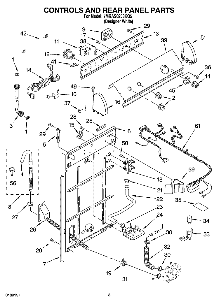 CONTROLS AND REAR PANEL PARTS Diagram and Parts List for 7MRAS6233KQ5  Roper Washer