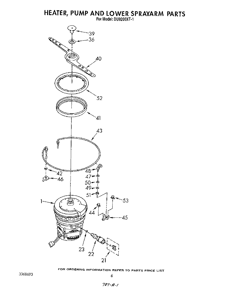 HEATER, PUMP AND LOWER SPRAYARM Diagram and Parts List for DU9200XT1  Whirlpool Dishwasher