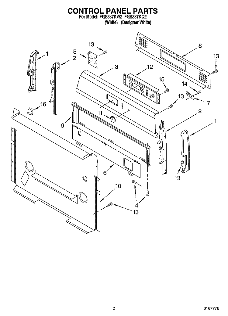 CONTROL PANEL PARTS Diagram and Parts List for FGS337KQ2  Roper Range