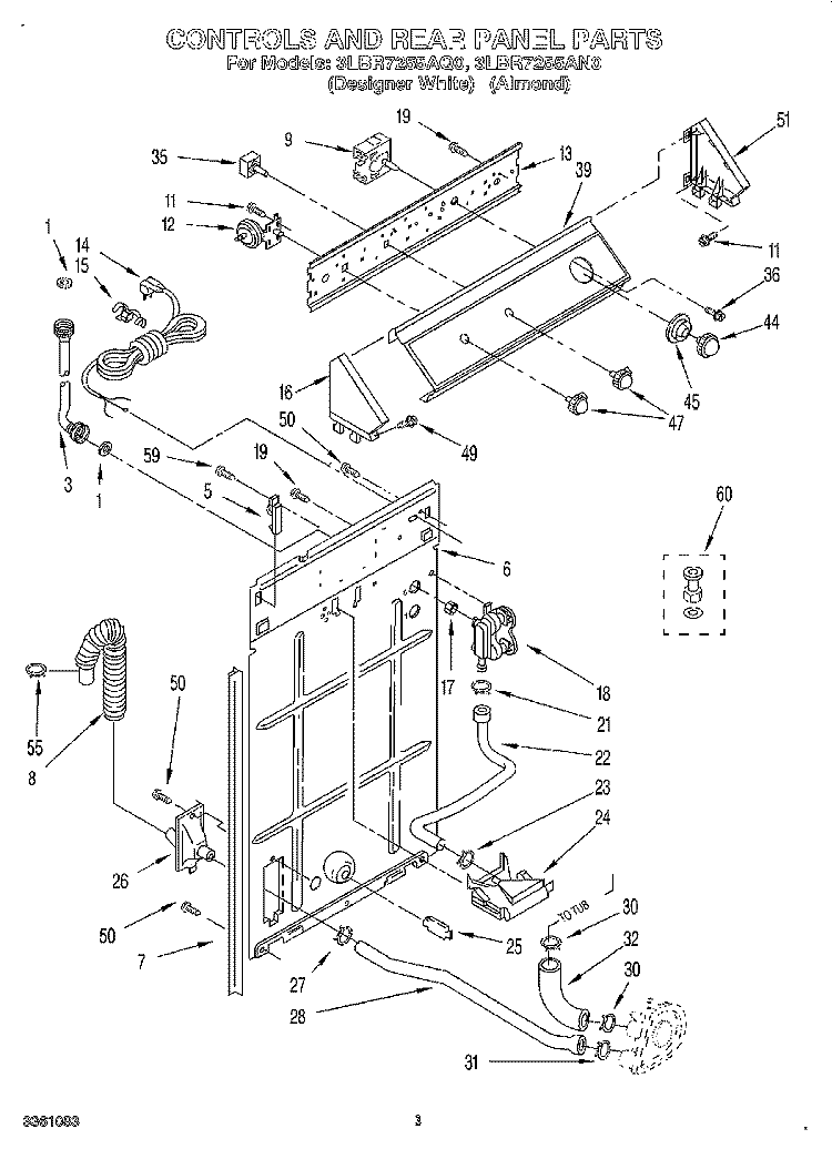 CONTROLS AND REAR PANEL Diagram and Parts List for 3LBR7255AN0  Whirlpool Washer