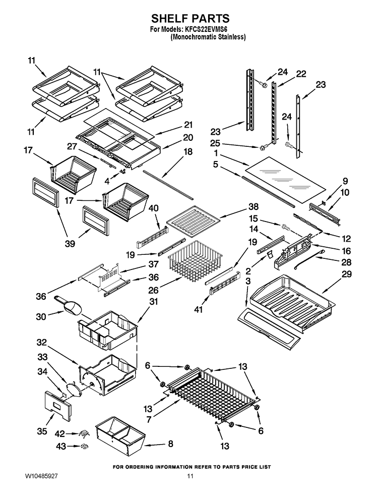 SHELF PARTS Diagram and Parts List for KFCS22EVMS6  KitchenAid Refrigerator