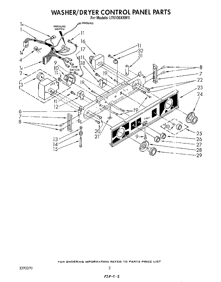 WASHER/DRYER CONTROL PANEL Diagram and Parts List for LT5100XSW1  Whirlpool Washer Dryer Combo