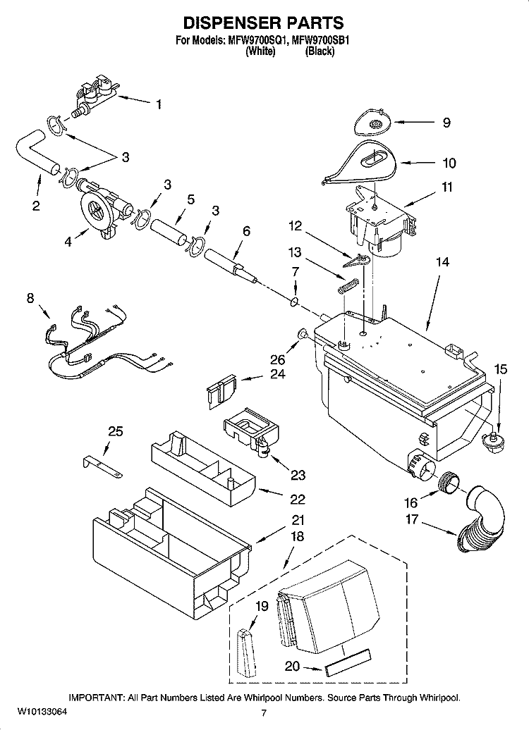 DISPENSER PARTS Diagram and Parts List for MFW9700SB1  Whirlpool Washer