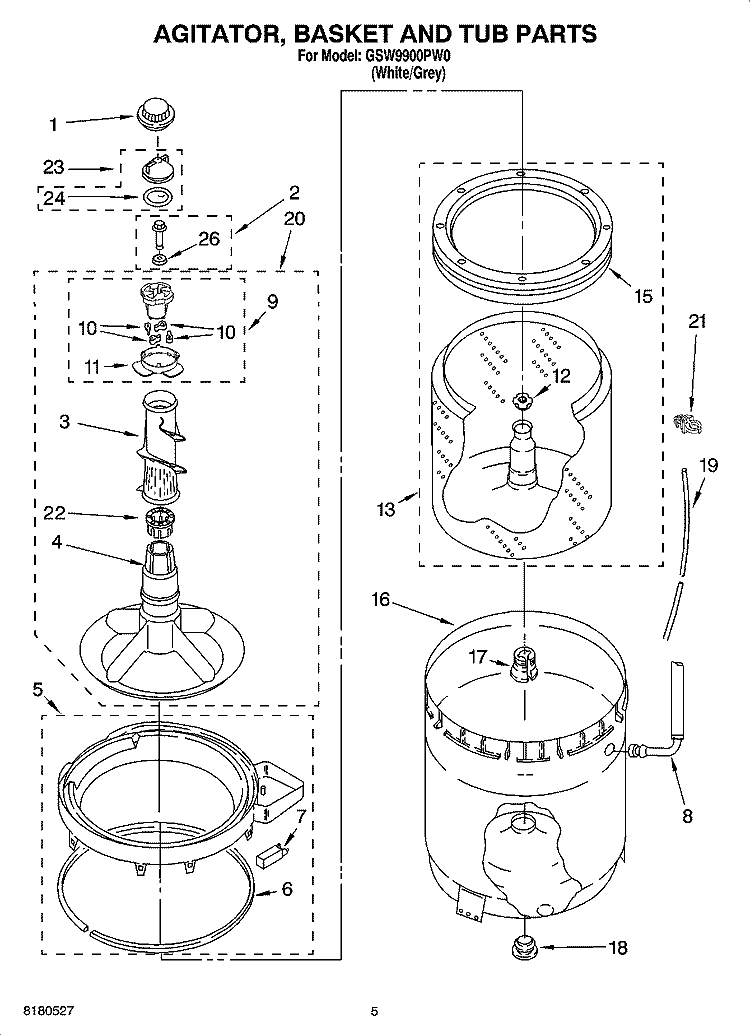 AGITATOR, BASKET AND TUB PARTS Diagram and Parts List for GSW9900PW0  Whirlpool Washer