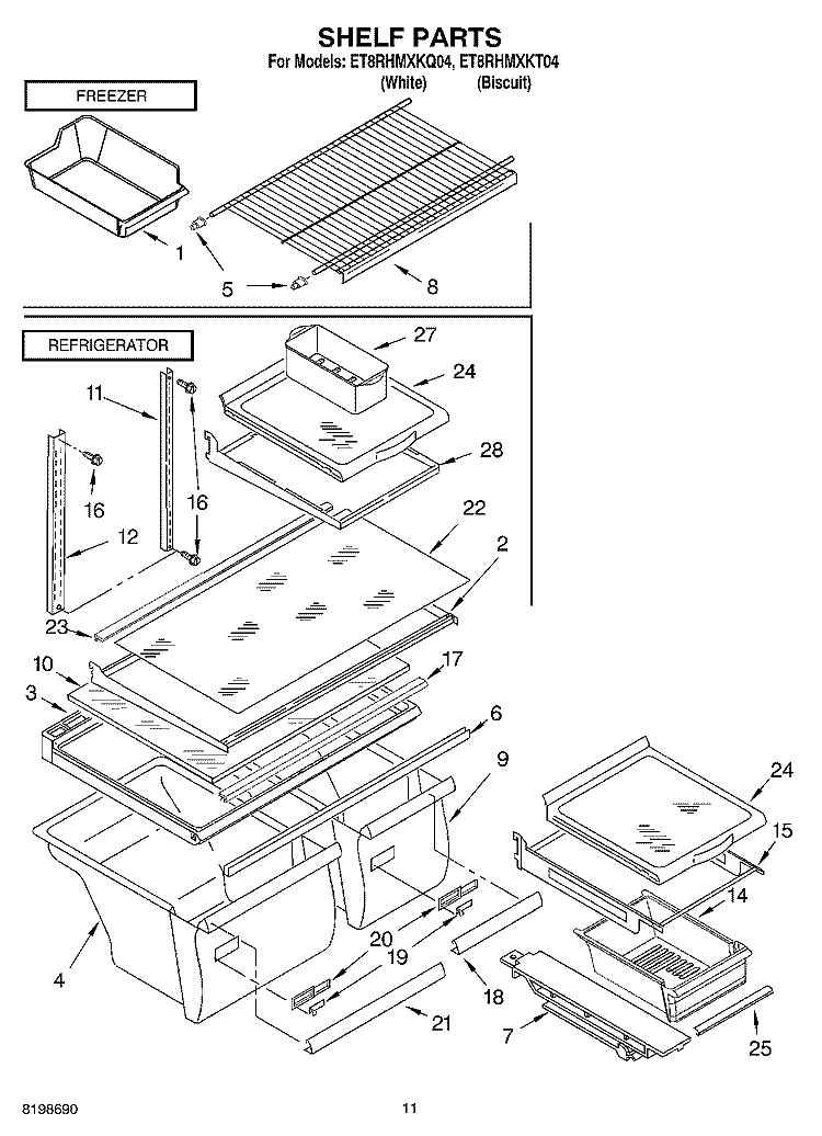 SHELF PARTS, OPTIONAL PARTS Diagram and Parts List for ET8RHMXKT04  Whirlpool Refrigerator