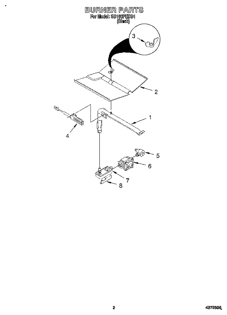 BURNER Diagram and Parts List for SB100PEDB1  Whirlpool Wall Oven