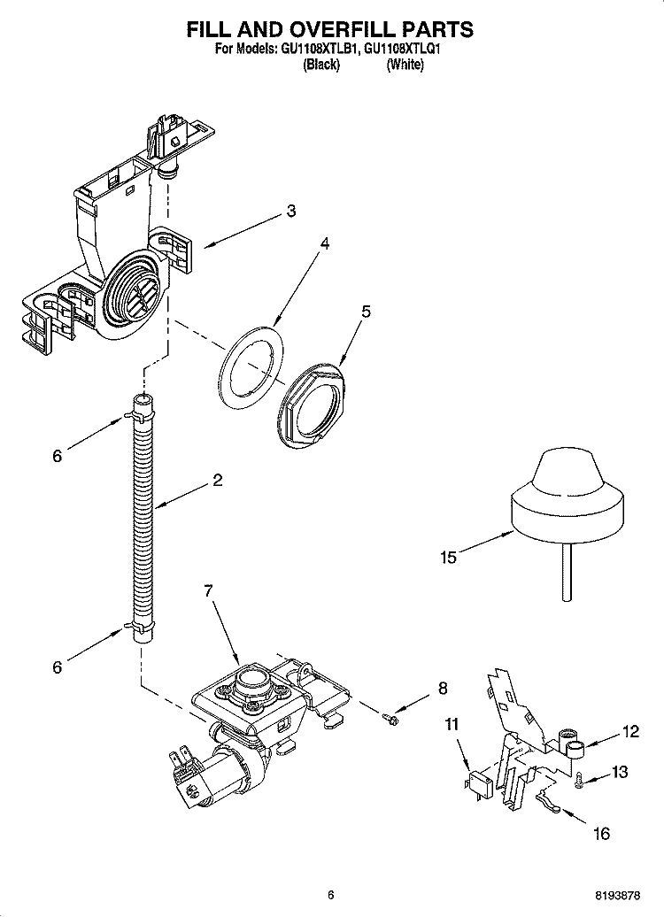 FILL AND OVERFILL PARTS Diagram and Parts List for GU1108XTLB1  Whirlpool Dishwasher