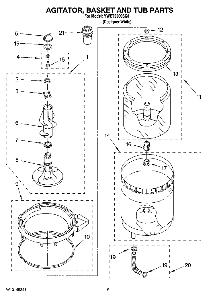 AGITATOR, BASKET AND TUB PARTS Diagram and Parts List for YWET3300SQ1  Whirlpool Washer Dryer Combo