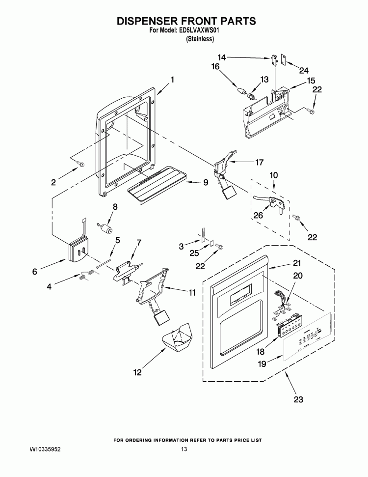 DISPENSER FRONT PARTS Diagram and Parts List for ED5LVAXWS01  Whirlpool Refrigerator
