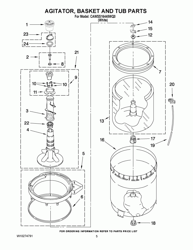 AGITATOR, BASKET AND TUB PARTS Diagram and Parts List for CAWSS16445WQ0  Crosley Washer