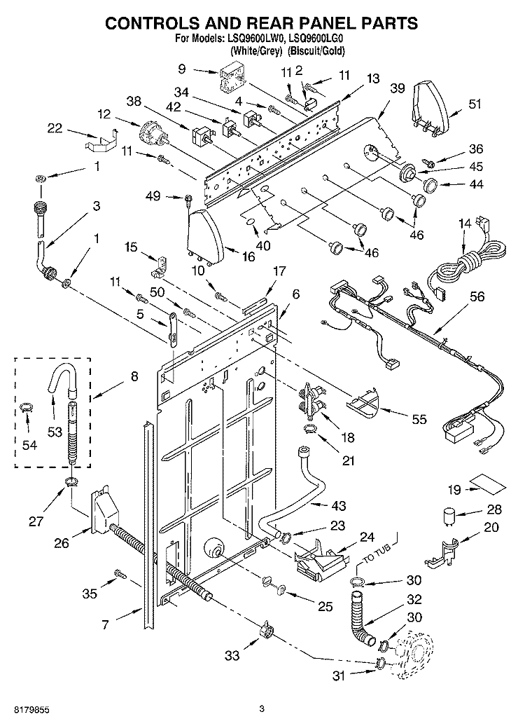 CONTROLS AND REAR PANEL Diagram and Parts List for LSQ9600LG0  Whirlpool Washer