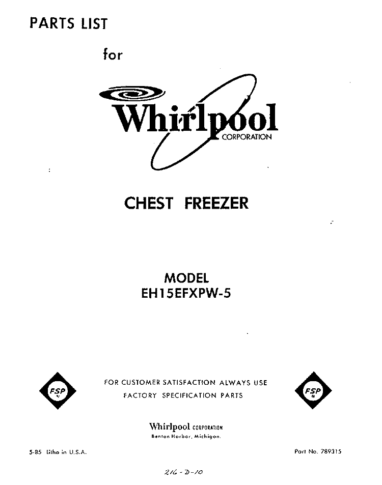 SECTION Diagram and Parts List for EH15EFXPW5  Whirlpool Freezer