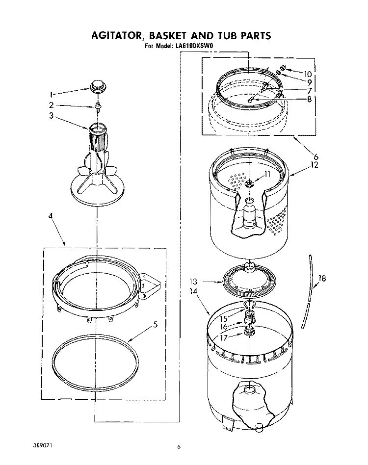 AGITATOR, BASKET AND TUB Diagram and Parts List for LA6100XSW0  Whirlpool Washer