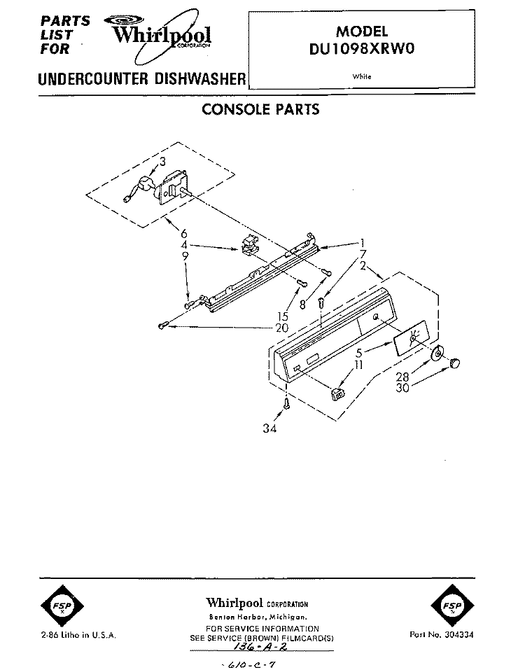 CONSOLE Diagram and Parts List for DU1098XRW0  Whirlpool Dishwasher