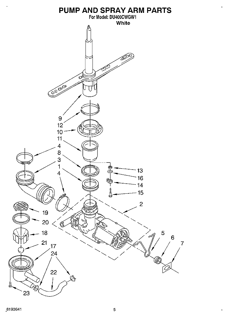 PUMP AND SPRAYARM Diagram and Parts List for DU400CWGW1  Whirlpool Dishwasher