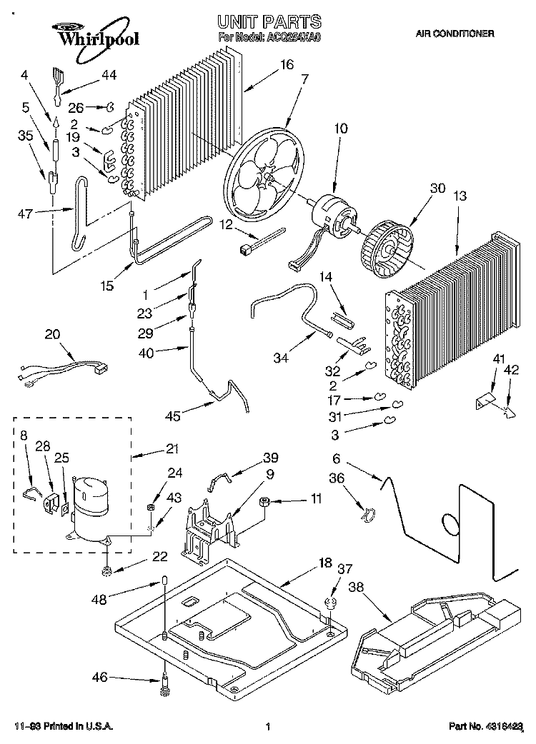 UNIT, LITERATURE Diagram and Parts List for ACQ254XA0  Whirlpool Air Conditioner