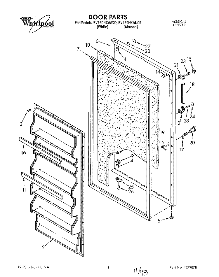 DOOR, LIT/OPTIONAL Diagram and Parts List for EV150NXAW00  Whirlpool Freezer