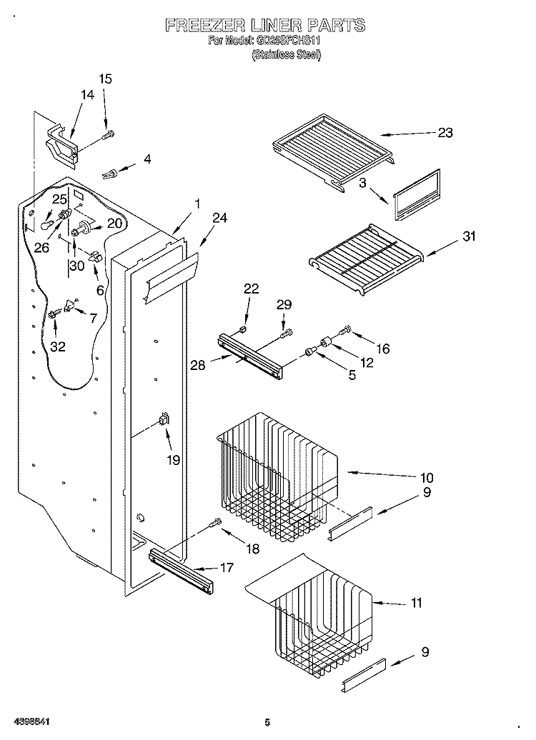 FREEZER LINER Diagram and Parts List for GD25SFCHS11  Whirlpool Refrigerator