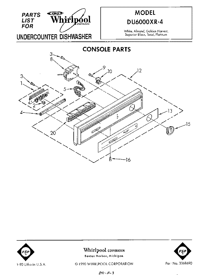 CONSOLE Diagram and Parts List for DU6000XR4  Whirlpool Dishwasher