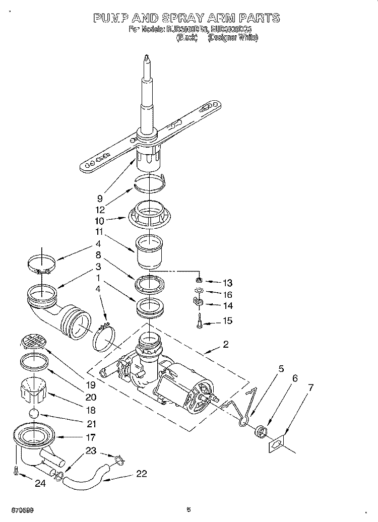 PUMP AND SPRAYARM Diagram and Parts List for RUD3000DB3  Roper Dishwasher