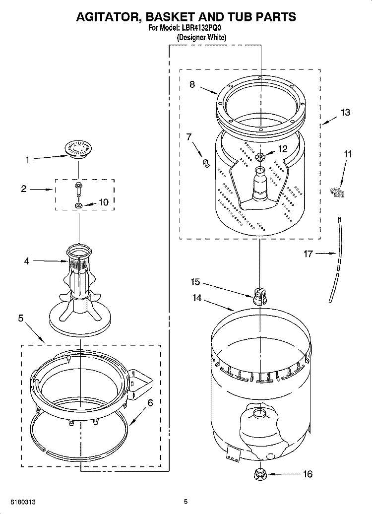 AGITATOR, BASKET AND TUB PARTS Diagram and Parts List for LBR4132PQ0  Whirlpool Washer