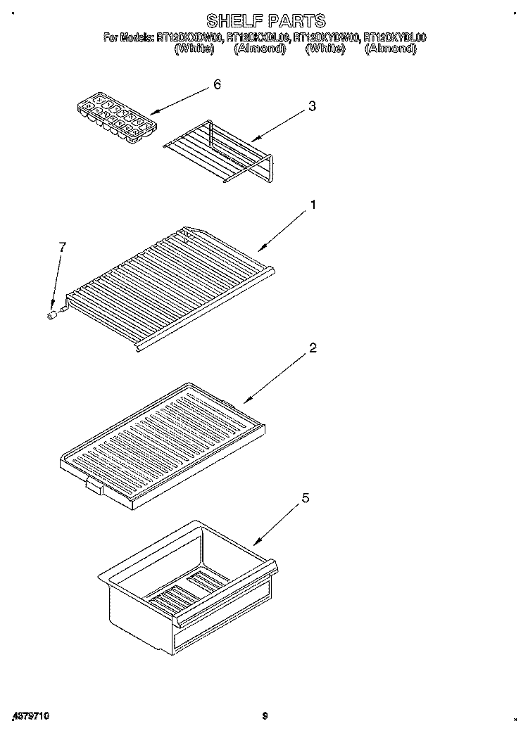 SHELF Diagram and Parts List for RT12DKXDW00  Roper Refrigerator