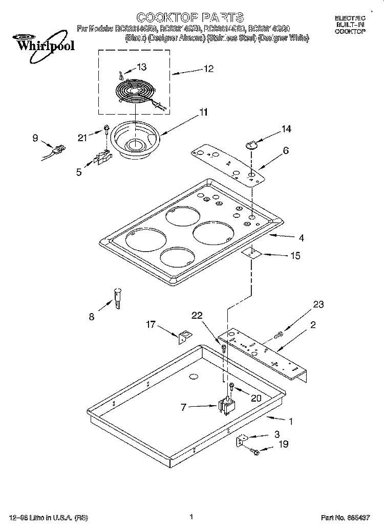 SECTION Diagram and Parts List for RCS3614GB0  Whirlpool Cooktop