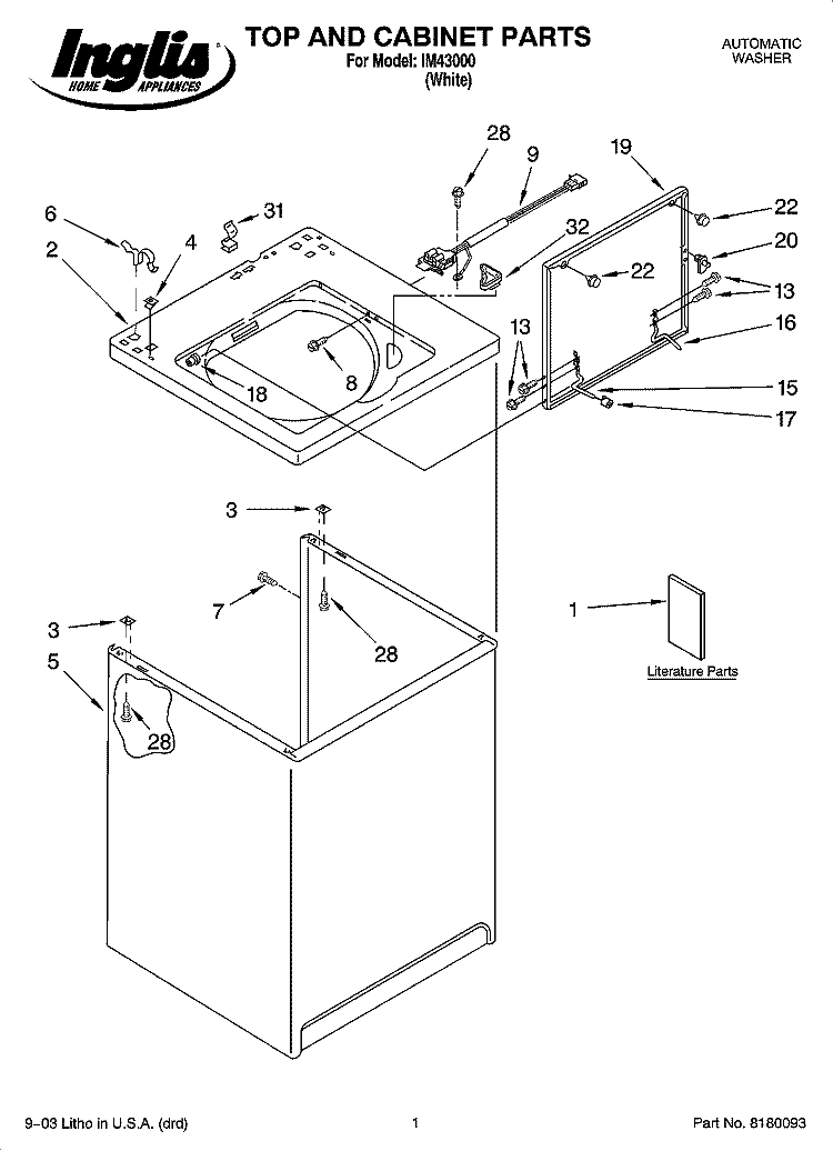 TOP AND CABINET PARTS Diagram and Parts List for IM43000  Inglis Washer