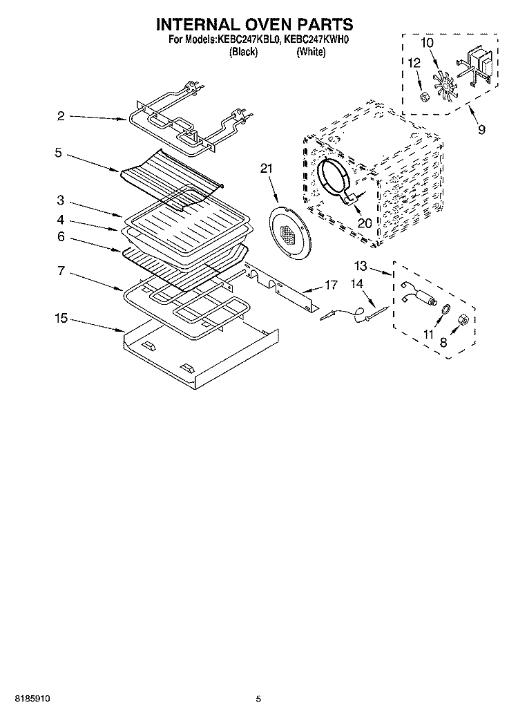 INTERNAL OVEN Diagram and Parts List for KEBC247KWH0  KitchenAid Wall Oven